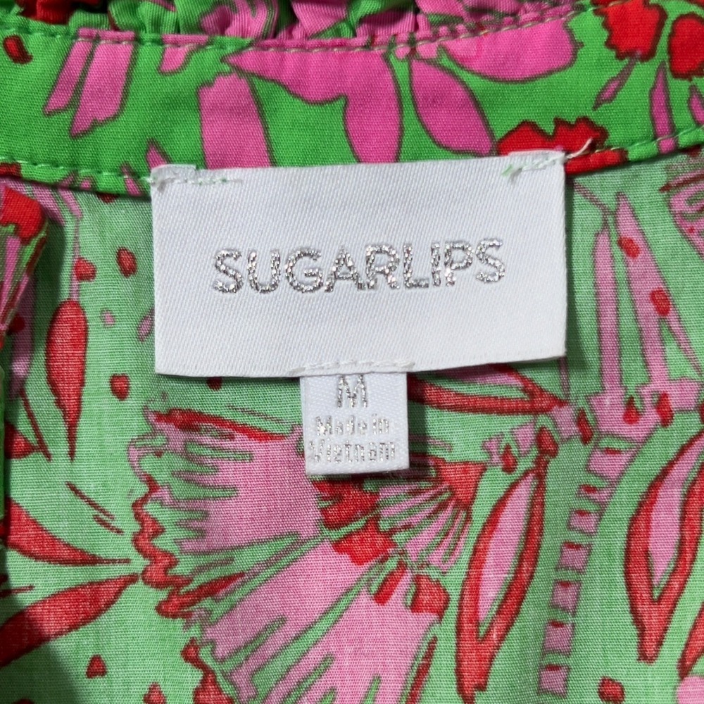 Sugarlips Tiered Midi Dress Sz M Green Pink Floral Ruffle Flutter Sleeve Belted - Picture 8 of 13